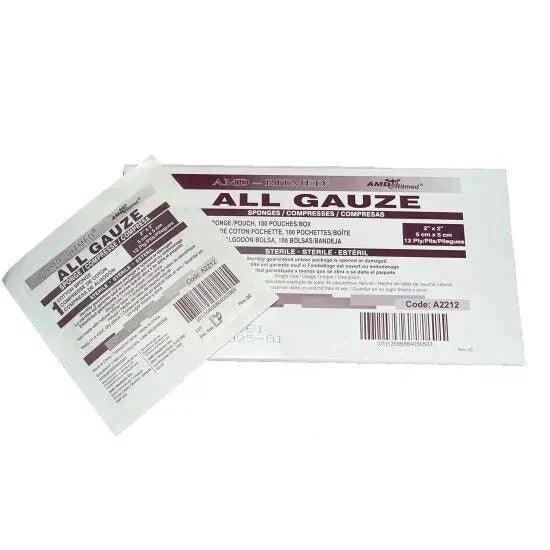 Gauze Sterile Cotton Sponges  2" x 2" - 8 Ply (50 Pouches, 2/PK)