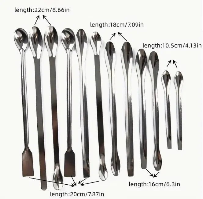 12pcs Stainless Steel Lab Spoons - Durable Laboratory Sampling & Mixing Utensils with Spatula - Ideal for Scientific Experiments and Research