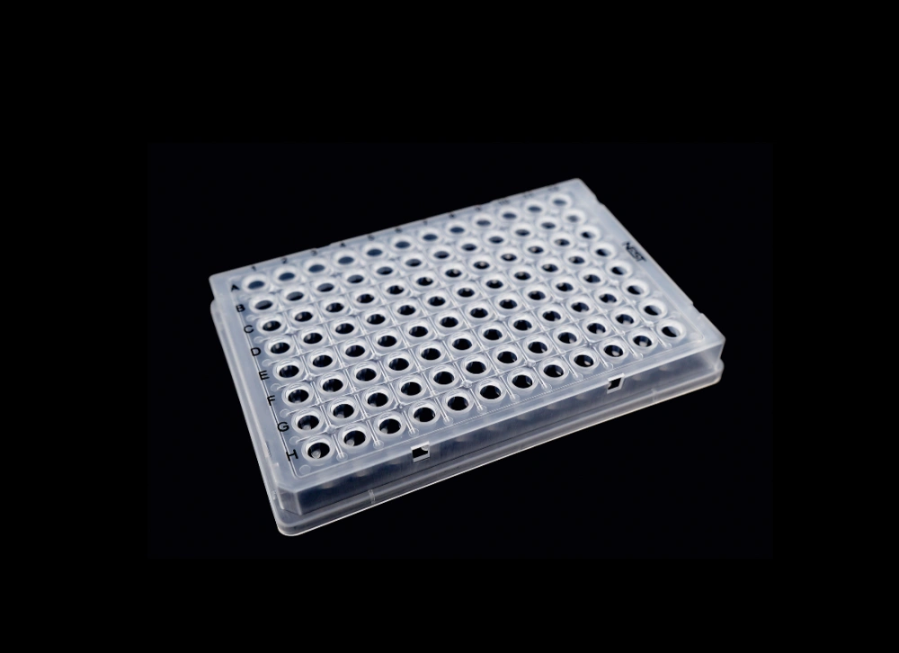 0.1 mL 96 Well PCR Plate, Full-Skirted, Clear, H1 Notch, 5/bag, 25/box, 100/cs, Box of 25 plates