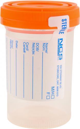 Urine/Specimen Container 90mL Sterile Orange Cap with Tamper Tab Patient Label (100/Bag) 