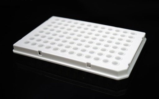 0.1 mL 96 Well PCR Plate, Full-Skirted, White, H1 Notch, 5/bag, 25/pk, 100/cs